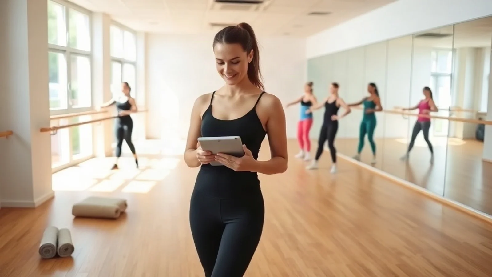 Dans stüdyosunda eğitmenin tablet üzerinden öğrenci yoklaması aldığı, arka planda çalışan dansçıların bulunduğu aydınlık salon görüntüsü